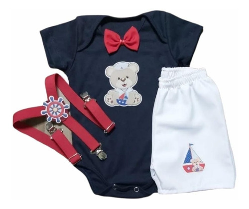 Roupa Para Bebê Conjunto Suspensório Ursinho Marinheiro Azul