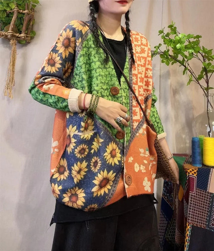 Cárdigan De Punto Con Cuello En V Y Estampado Floral Para Mu