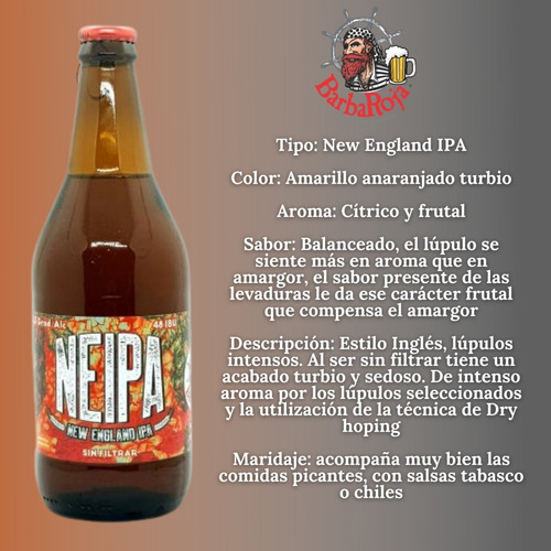 Imagen 3 de 10 de Cerveza Barba Roja Neipa 500ml. Botella Artesanal 8,5% Alc