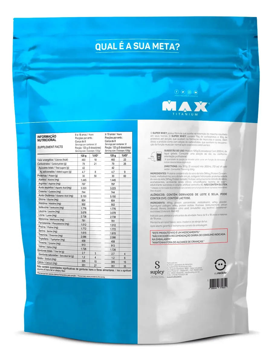 Super Whey Protein Concentrado 900g Refil Max Titanium Sabor Morango