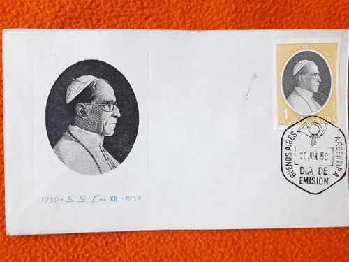 Sobre Conmemorativo Estampillas Papa Pio Xii Año 1959