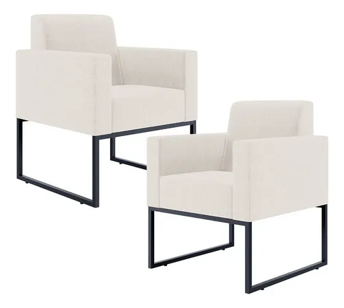 Sillón decorativo de recepción con base fija, diseño Helô, lino crudo, tela lisa, kit 2
