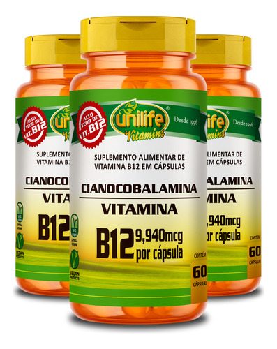 Kit 3 Vitamina B12 Cianocobalamina Unilife 60 Cápsulas Sabor Sem Sabor