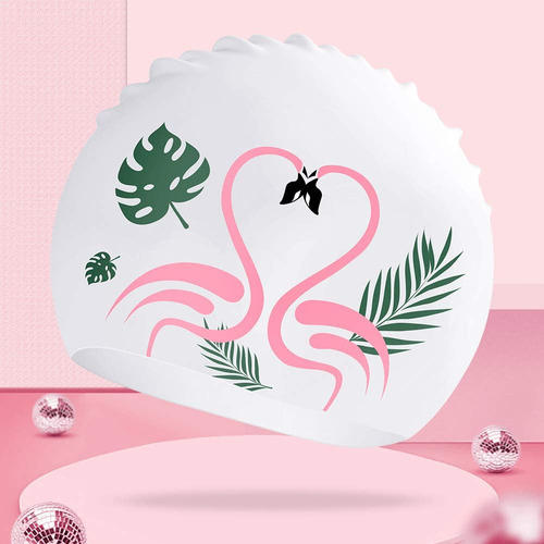 Gorro Para Natacion Copozz, Silicona, Blanco Con Flamencos