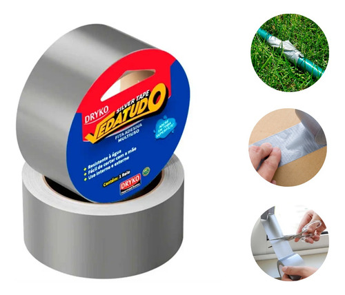 Fita Silver Tape Autoadesiva Resistente Reforçada Multiuso Cor Prata Liso