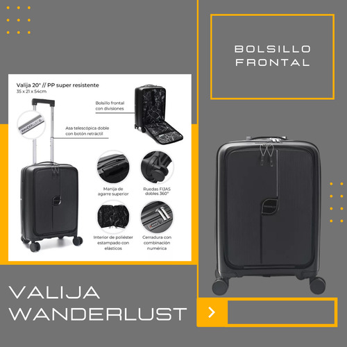 Valija Carry On Wanderlust Urban Mode Hard 20 Pulgadas Color Negro Cabina Viaje Rígida Con Ruedas Dobles Giro 360 Candado Tsa Interior Forrado Poliéster Bolsillo Frontal Asa Telescópica Reforzada