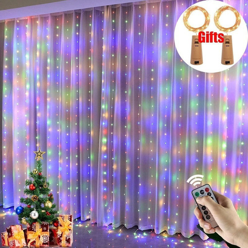 Lámpara de cortina con mando a distancia con forma de guirnalda navideña, 3 x 3 m, 2 unidades de luces predefinidas