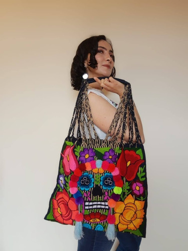 Bolso Mexicano  Bordado Chiapas Flores Calavera Catrina 