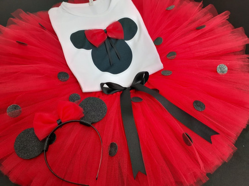 Tutu Remera Vincha Orejas Minnie Negra  Conjunto Disfraz