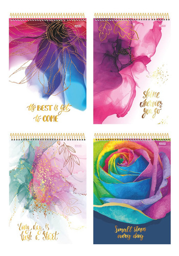 Kit 4 Cadernos Flor Canhoto Feminino 80 Folhas 1 Matéria Multicolorido