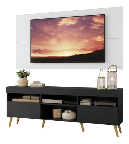 Rack Com Painel Tv 65 Retrô Londres Multimóveis V3337 Pb Cor Branco/Preto/Natural