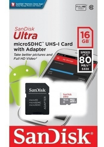 Tarjeta de memoria Sandisk Micro SD Ultra de 16 GB y 80 MB