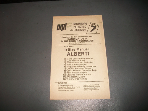 Movimiento Patriotico De L . Boleta Electoral 6/9/1987 .