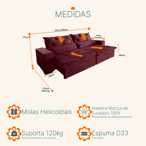 Sofá Retrátil e Reclinável 2.90m 5 Lugares Suede Lisboa Vinho Sofá Casa