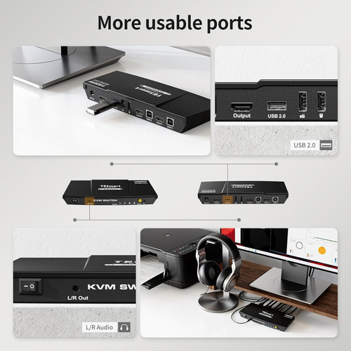 Conmutador Kvm Hdmi Tesmart De 2 Puertos 4k @60hz, Conmutado