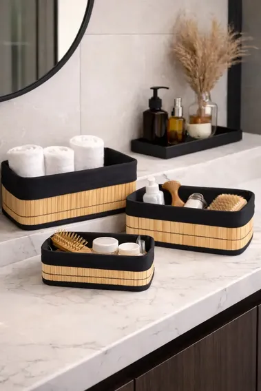 3 Cestos Caixa Organizador De Bambu Banheiro Quarto Armário Preto E Palha