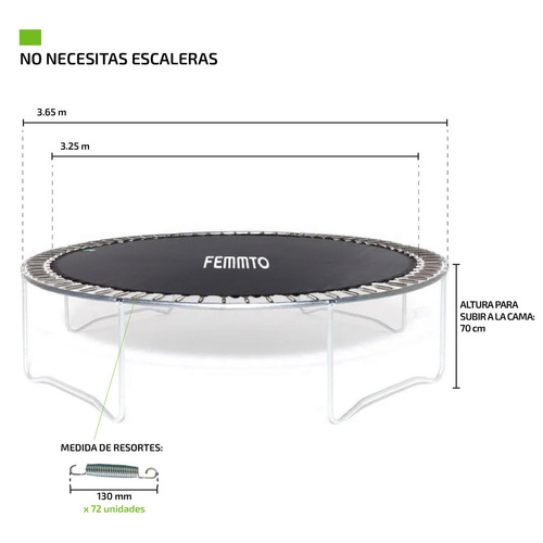 Imagen 4 de 8 de Cama elástica Femmto TPL12FT00 con diámetro de 3.65 m, color del cobertor de resortes azul y lona negra