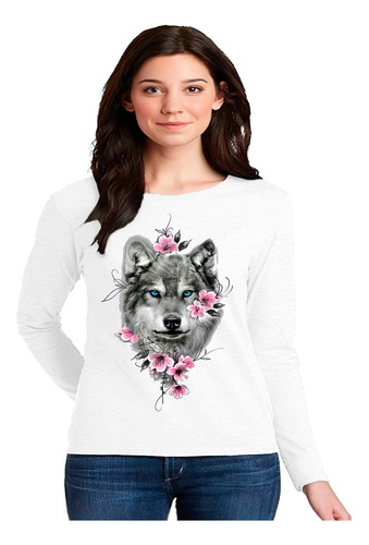 Polera Manga Larga Algodón Diseño Lobo Flores Exclusivo 599