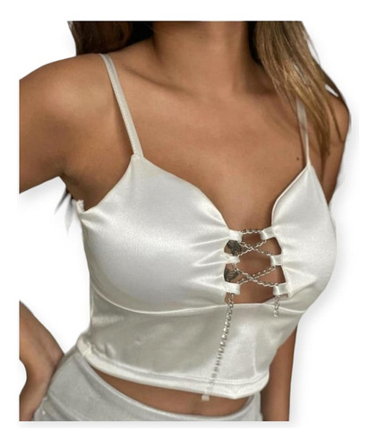 Crop Top Satén Con Push Up Armados Detalle  Cadena En Busto