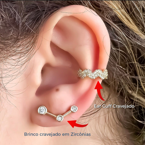 Brinco Cravejado Em Zircônias + Ear Cuff Cravejado