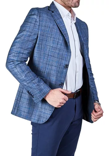 Blazer Hombre Gris Oscuro Cuadros Azules,