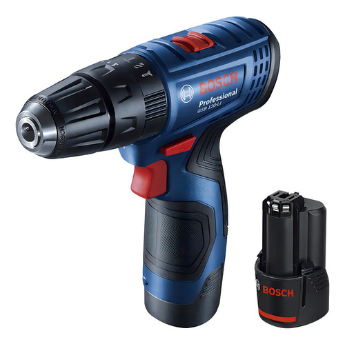 Taladro percutor atornillador inalámbrico de 10mm Bosch GSB 120-LI + 2 baterías de 2Ah + accesorio con maletín de transporte