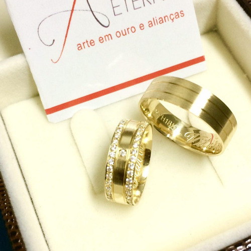 Par Alianças De Ouro 18k Grossa Reta 12 Gramas 6mm Com Pedra