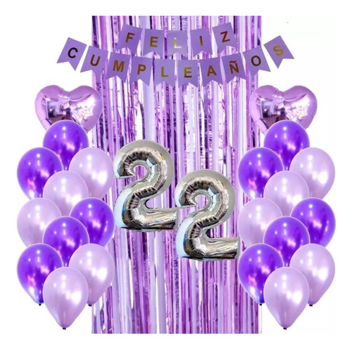 Kit Decoración Feliz Cumpleaños Bombas Lila Morado Y Plata