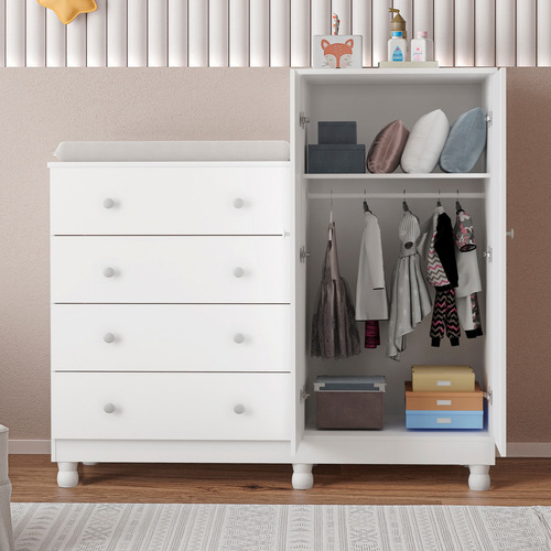 Cômoda Guarda Roupa Bebê Madeira Branca C/ Colchão Trocador Cor Branco
