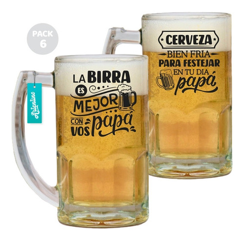 Imagen 2 de 7 de Set 6 Vaso Cerveza Chopp Cervecero Vidrio Papá Padre Amigos
