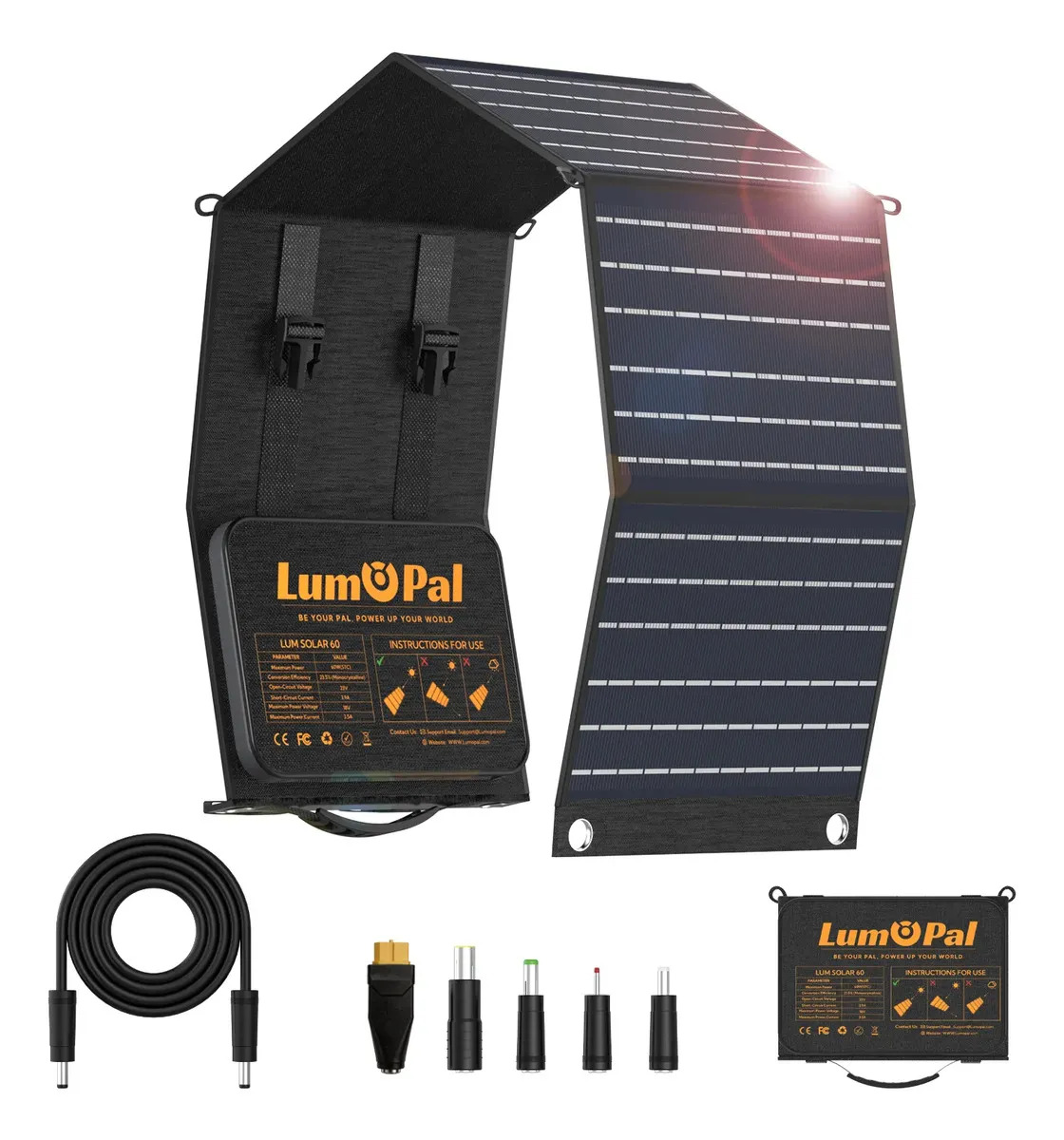 Lumopal Panel Solar Portátil 60W Monocristalino Plegable USB-C/USB-A QC3.0 DC Negra