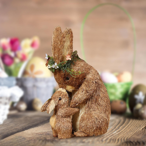 Encantadora Paja Conejo De Pascua Estatuilla Arte 24x15x33cm