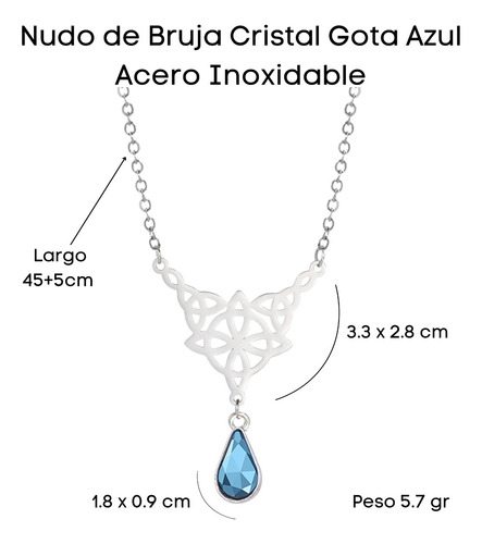 Imagen 4 de 7 de Collar Dije Nudo Bruja Mujer Cristal Gota Azul Acero Plata