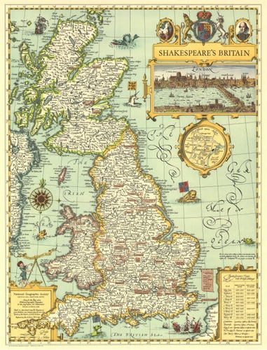 Gran Bretaña De Shakespeare Mapa - Lámina 45x30 Cm.