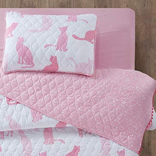 Conjunto De Colcha De Gatos Rosados Con Mini Pompones,