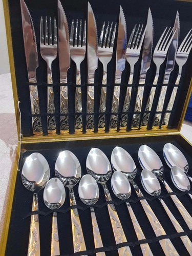 Kit de cubiertos tipo maletín dorado de acero inoxidable, 24 piezas, con hermoso color dorado