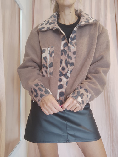 Saco Chaqueta Paño Corto Animal Print Abrigado Bolsillo