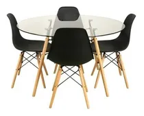 Comprar Combo Mesa Redonda Eames Vidrio 1 Mt + 4 Sillas Eames Color Negro Diseño De La Tela De Las Sillas Liso