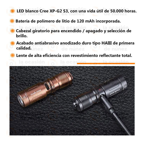 Imagen 3 de 8 de Linterna Fenix Led E02r De Mano Recargable Llavero 200l 49mt