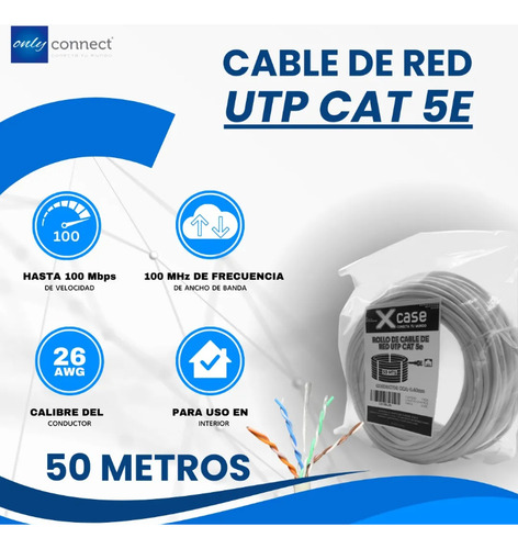 Cable De Red Utp Cat5e Xcase 50m Color Blanco 8 Hilos para interior