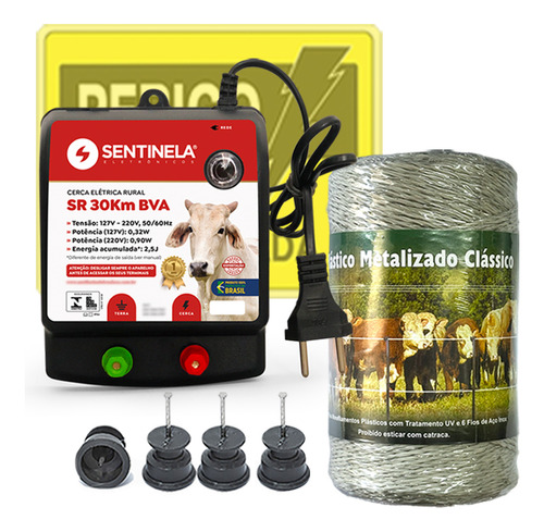 Kit Cerca Elétrica Rural Eletrificador + Fio 250m + Isolador