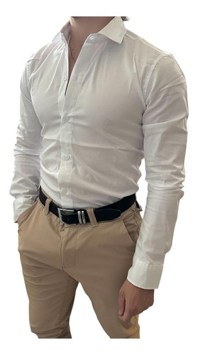 Camisa De Vestir Hombre Elastizada Manga Larga Entallada