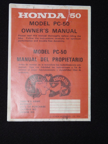 Moto Honda Pc50 Manual De Usuario Y Mantenimiento