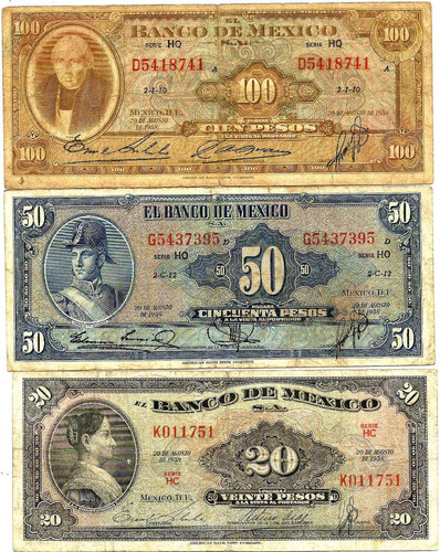 3 Billetes Muy Antiguos Año 1958 20-50 Y 100 Pesos