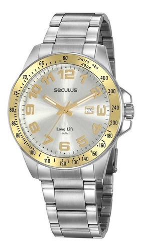 Relógio Seculus Masculino Prata Long Life Com Calendário Cor da correia Prateado Cor do bisel Dourado Cor do fundo Prateado