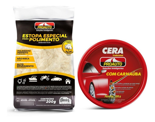 Cera Em Pasta Tradicional Com Carnauba Proauto 200g + Estopa