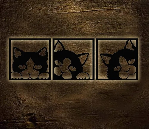 comprar Cuadro Triptico Gatos Con Luz Led Calida 150 X 50 Cmts