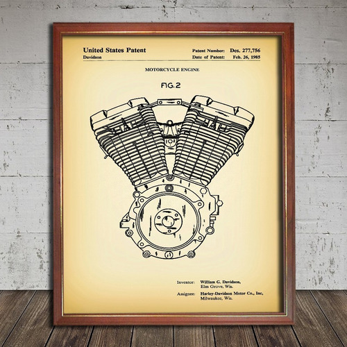 Patente Retro Harley Motor V Twin En Cuadro Para Colgar Moto