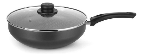 Frigideira Wok Com Tampa De Vidro 28cm Antiaderente Panela Cor Cinza