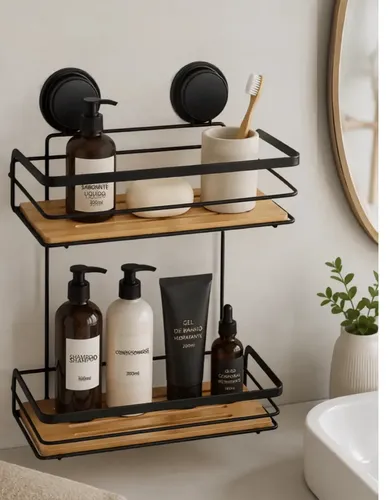 Porta Shampoo Organizador para Banheiro, de Parede com 2 Níveis em Aço Inox e Bambu